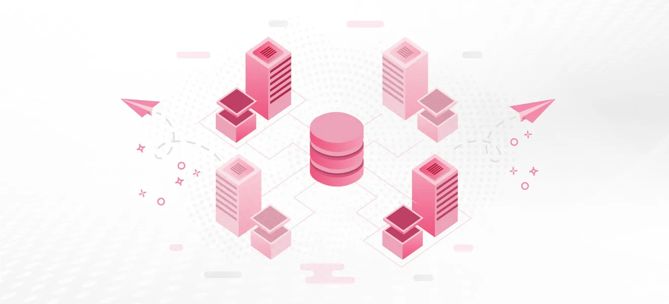 Interconnected servers and a central database, representing networked data or cloud computing.
