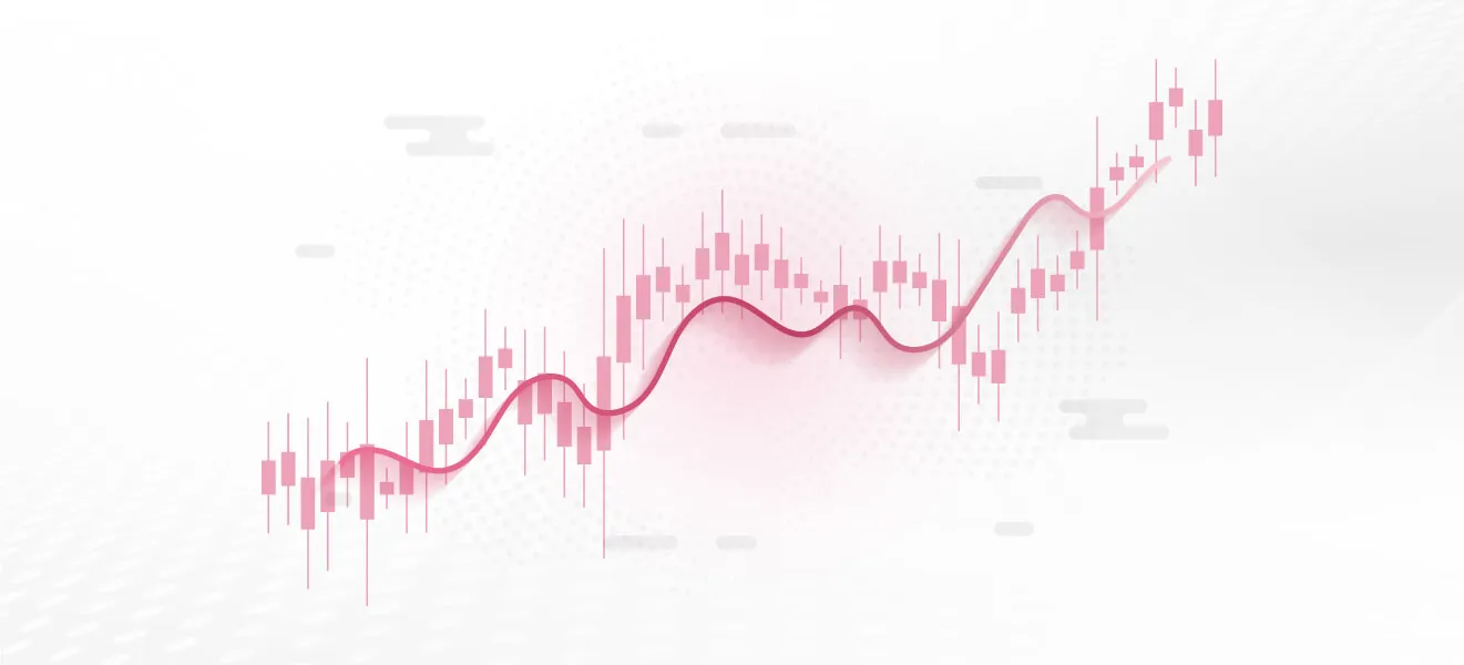 A pink candlestick chart with a wavy trend line on a white background, representing financial data or stock market analysis.