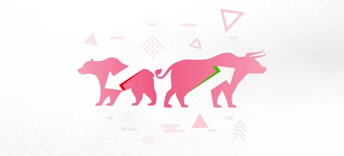 Silhouettes of a bear and a bull with downward and upward arrows, representing bear and bull markets.